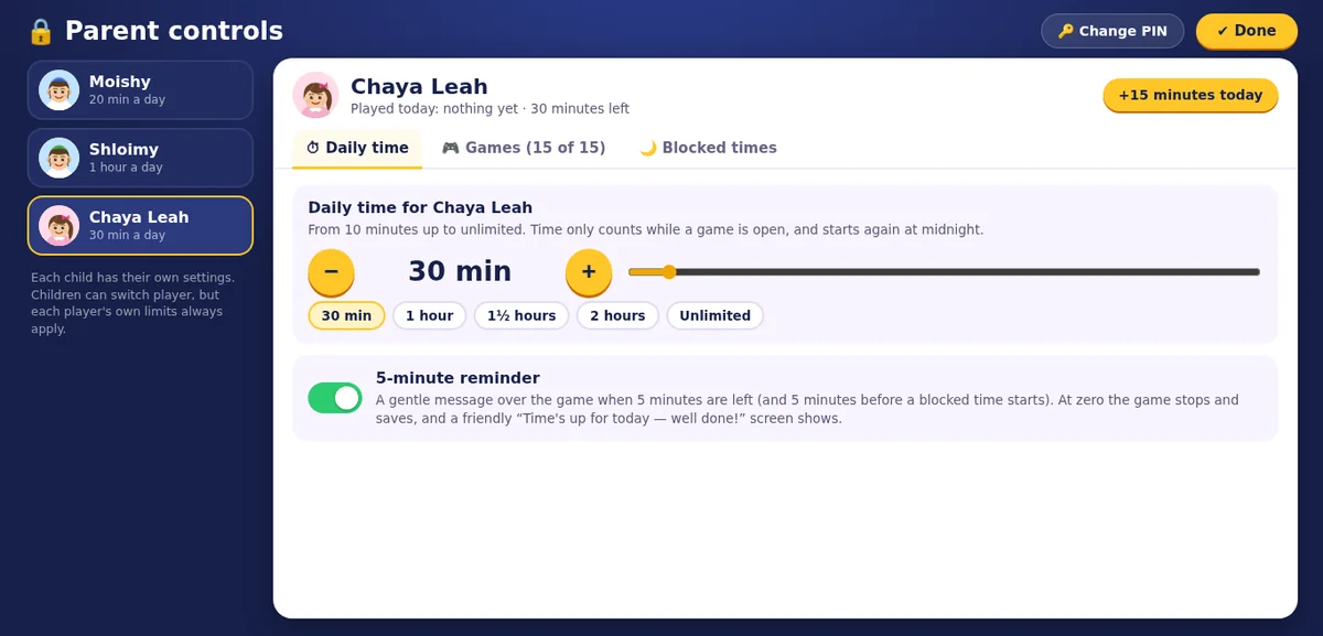 Playtime613 parent controls screen